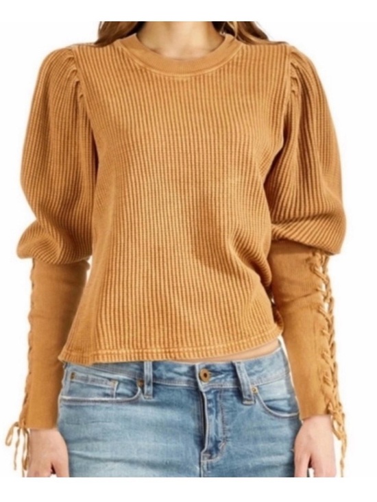 Free People Tops - Puff Sleeve Waffle Blouse in Mustard